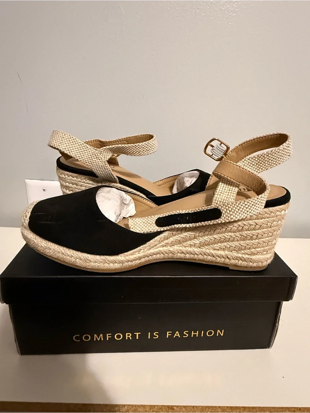 IDIFU Black and Beige Espadrille Wedge Sandals with Ankle Strap